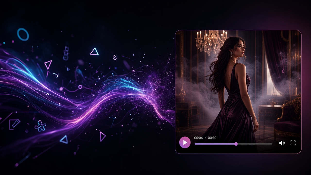 Editorial visual of prompt input transforming into AI video motion frames