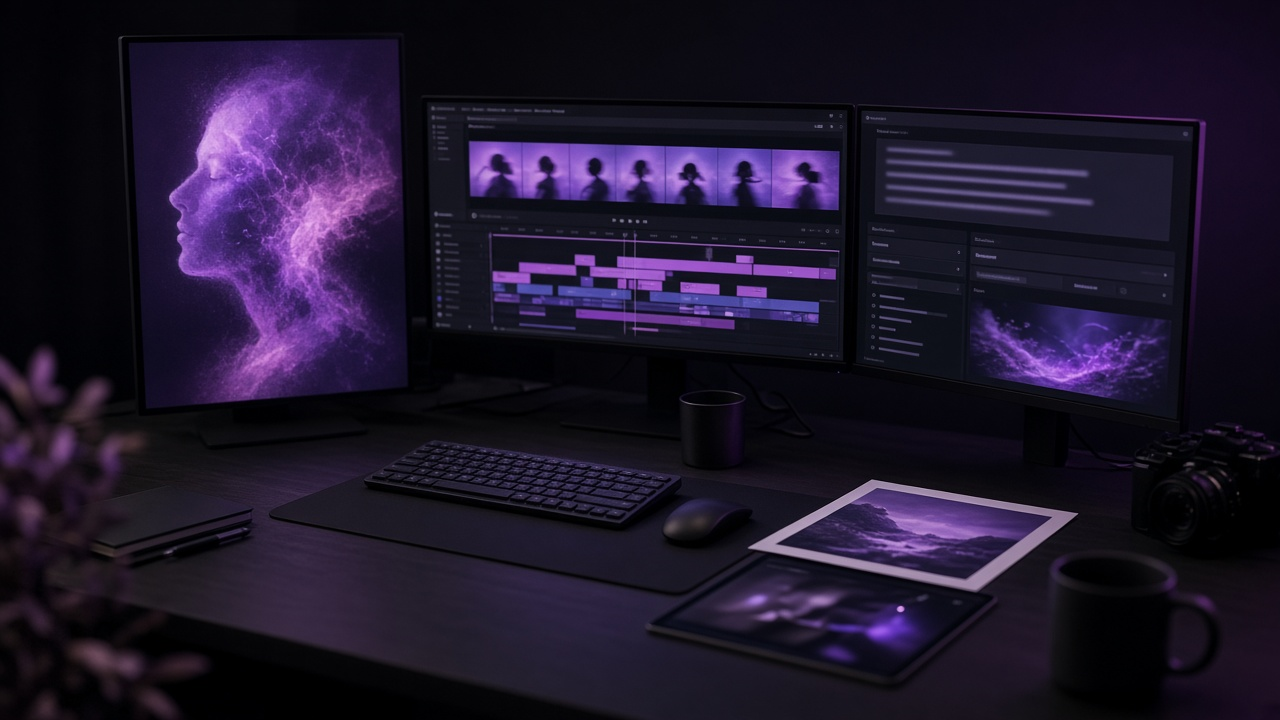 Editorial desk of connected AI creation screens showing image, motion, and prompt workflows
